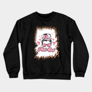 Pink Out Breast Cancer Football Bleached Leopard Messy Bun Crewneck Sweatshirt